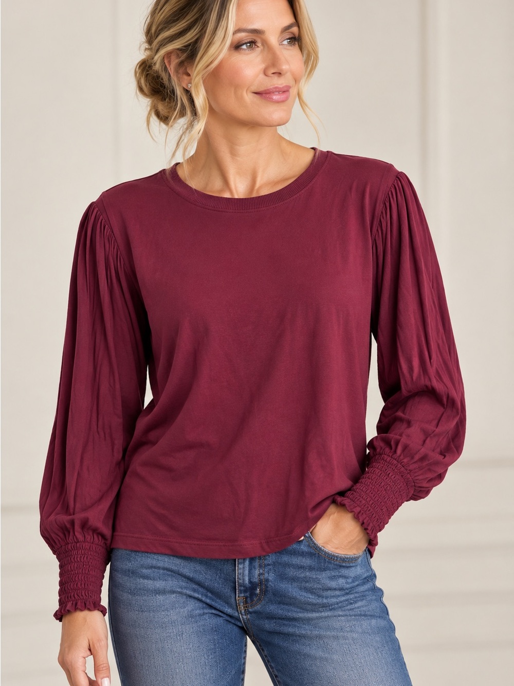 Bobi Los Angeles Burgundy Smocked Cuff Puff Sleeve Cotton Top L